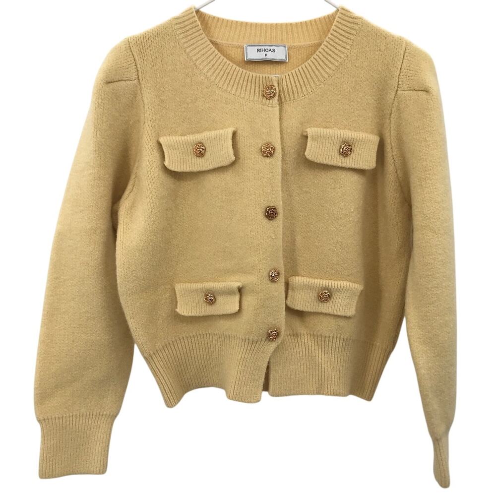 Rihoas Yellow Round Neck Knit Cardigan Sweater Gold Button One Size